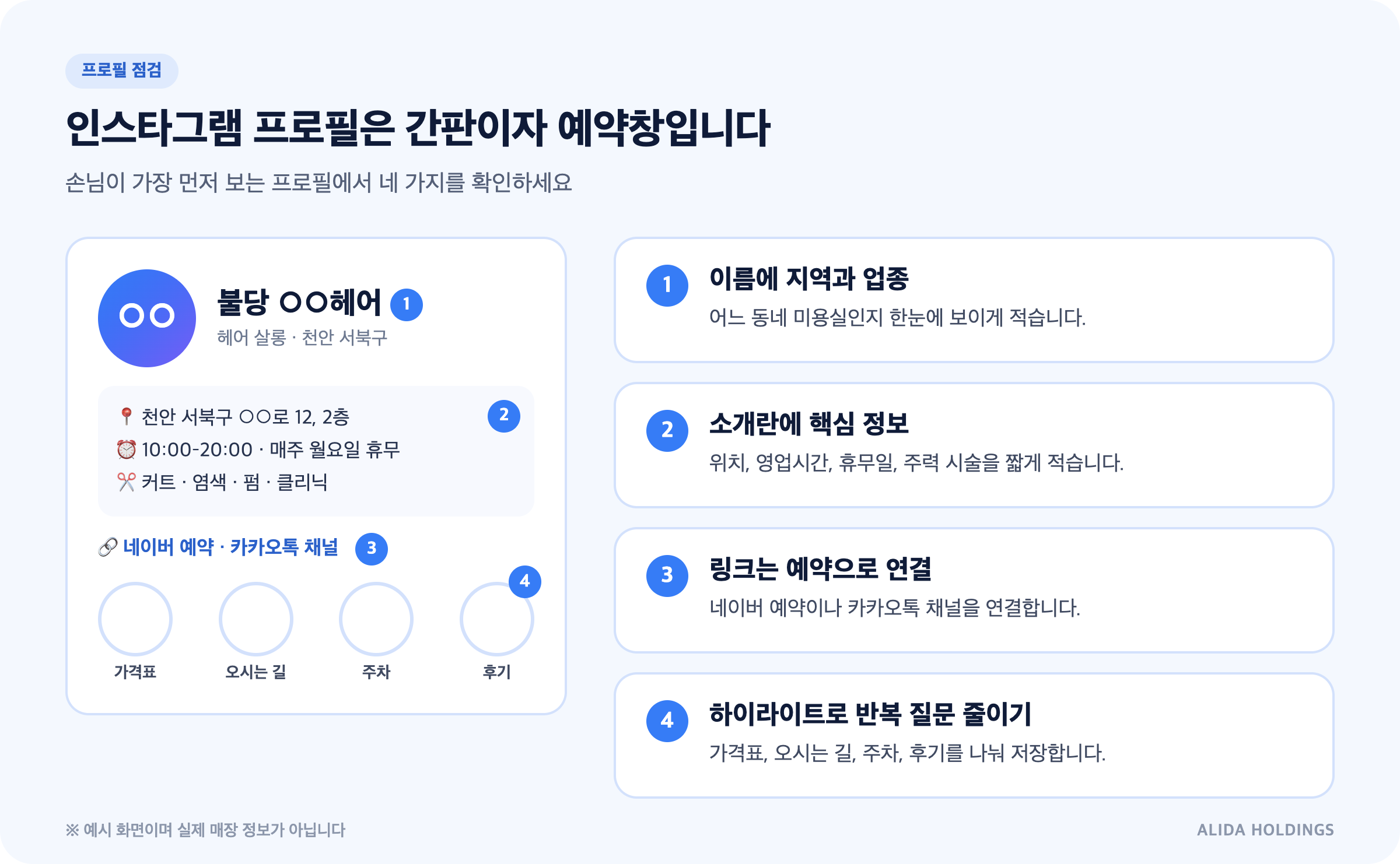 인스타그램 미용실 프로필 예시: 이름에 지역과 업종, 소개란에 위치·영업시간·휴무일·주력 시술, 링크에 네이버 예약·카카오톡 채널, 하이라이트에 가격표·오시는 길·주차·후기를 정리한 모습