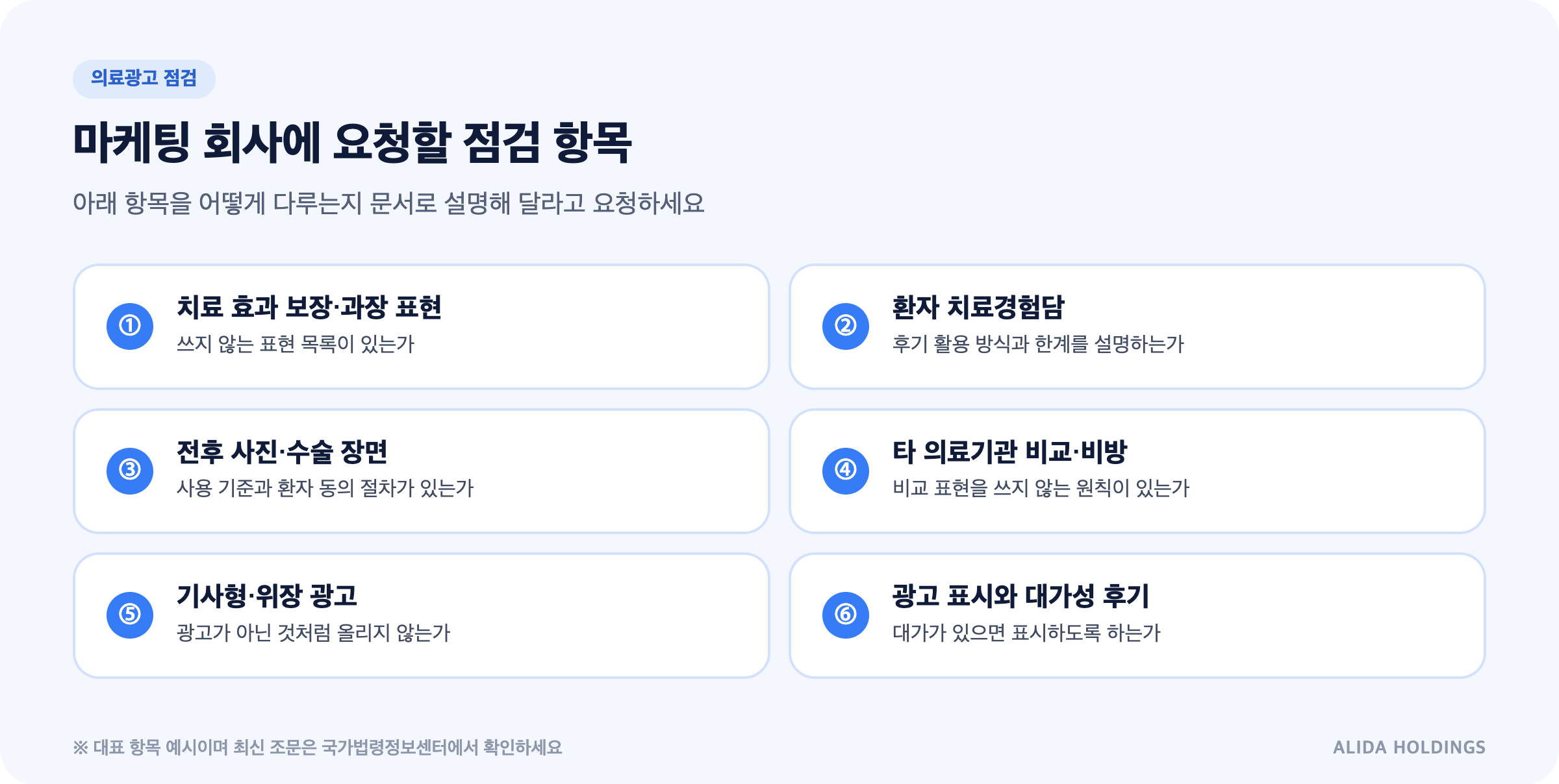 병의원 마케팅 회사에 요청할 의료광고 점검 항목 6가지: 치료 효과 보장·과장 표현, 환자 치료경험담, 전후 사진·수술 장면, 타 의료기관 비교·비방, 기사형·위장 광고, 광고 표시와 대가성 후기