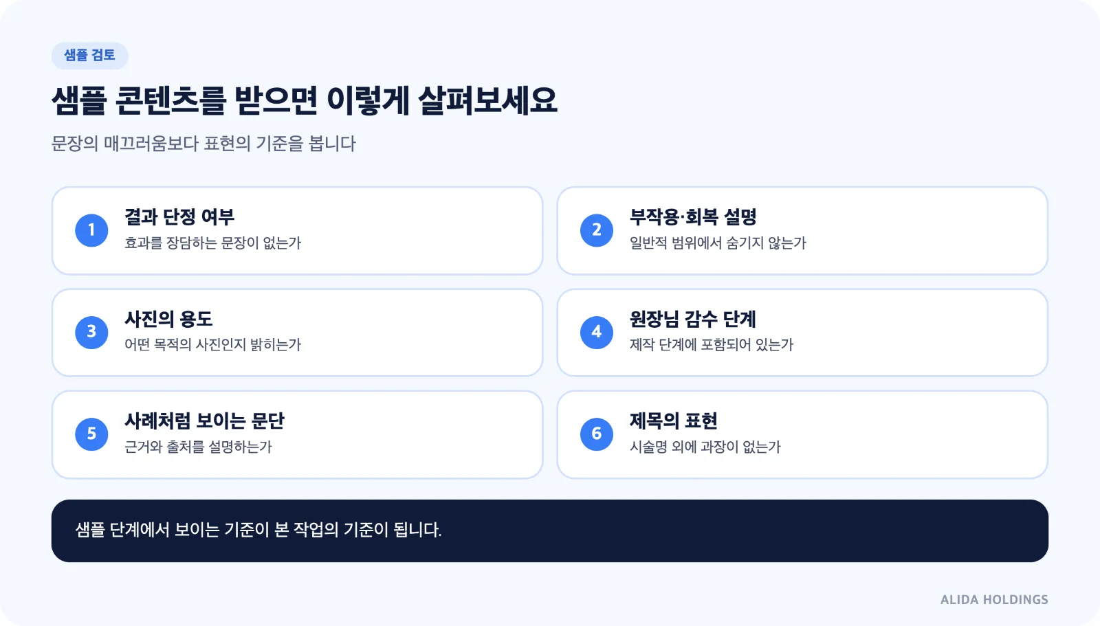 성형외과 마케팅 회사의 샘플 콘텐츠를 볼 때 확인할 여섯 가지 항목 도식